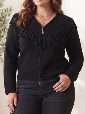 Lisa International Vintage Western Style Black Boiled Wool Zip Jacket, Suede Fri